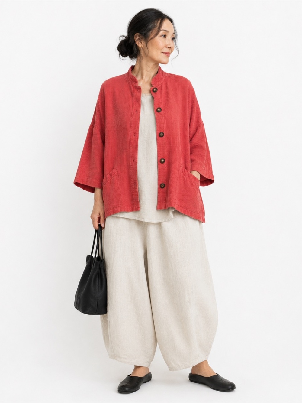 BRYN WALKER 100% Cotton Waffle Textured Jacket Coral Red Oversized Lagenlook M